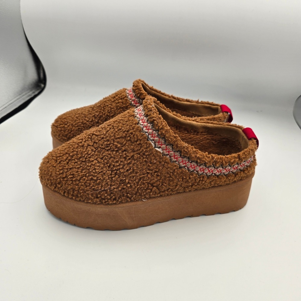 Womens Brown Faux Shearling Platform‎ Slipper Mules Embroidered Trim Size 8